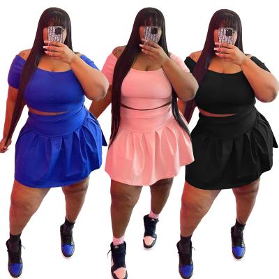 China New Breathable MSL8129-Hot Selling Women's Solid Color Breathable Pleated Skirt Plus Size Short Sleeve Two Piece Set for sale