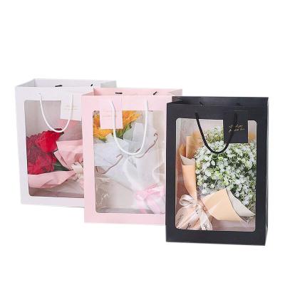 China Recyclable Flower Bouquet Gift Bags With Tote Paper Bags Transparent Window Floral Packing Bags For Wedding for sale