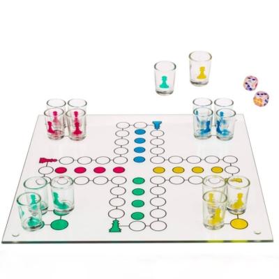 China Entertainment Ludo Drinking Game with 16 Shot Glasses, 2 Dice and Ludo Glass Shot Glass Board Game Drinking Game for sale