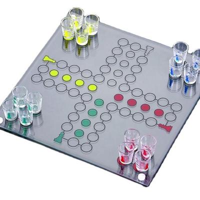 China Large Sized Smooth Exterior Glass Shot Drinking Ludo Chess Game for sale