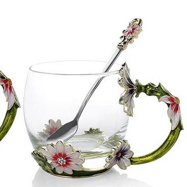 China GIFT BOX Flower Tea Cup Lead Free Handmade Wisolt Enamel Glass Mugs with Delicate Spoon and Gift Box for sale