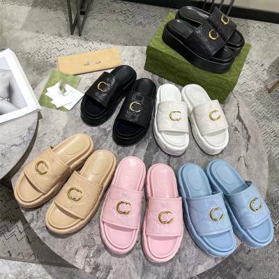 China Fashion the 2023 new trend G family wedge sandals and slippers color printed thick-soled high-heeled leather flip-flops slippers for sale