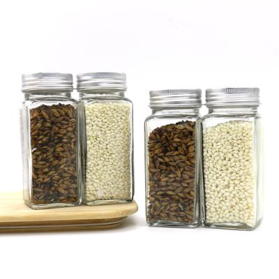 China Small Square 120ML Stainless Steel Barbecue Viable Freestanding Transparent Seasoning Storage Glass Sample Spice Jar for sale