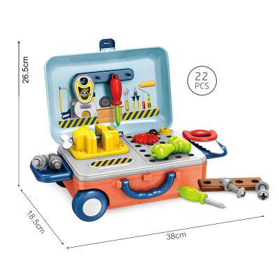 China 2021 New Item Developmental Children's Brain Pretend Game Craftmen 22pcs Tool Kit D I Y Series Pull Rod Box With Accessories 23.2*15.9*11CM for sale