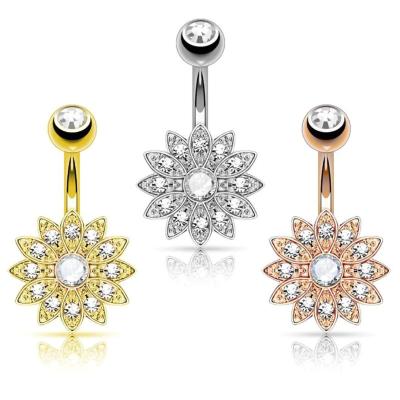 China Rose Gold Plated CZ Punk Belly Rings Zircon 14G Navel Jewelry 316L Flower Stainless Steel Navel Piercing Rings For Women for sale