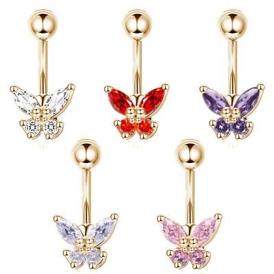 China Stainless Steel Punk Gold Plated Shiny Hypoallergenic Zircon Belly Button Rings PVD Navel Rings CZ Piercing Jewelry For Women for sale