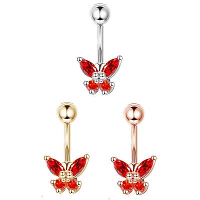 China Hypoallergenic Punk Belly Button Rings Shiny Red Zircon Belly Jewelry CZ PVD Stainless Steel Navel Piercing Rings For Women for sale