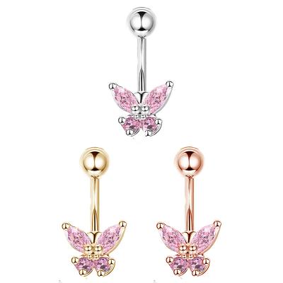 China Shiny Pink Hypoallergenic Butterfly CZ Belly Button Rings Belly Button Rings Stainless Steel Stainless Steel Piercing Jewelry For Women for sale