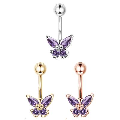 China Punk Purple Stainless Steel Belly Button Rings For Party PVD Navel Rings Butterfly Shiny Belly CZ Piercing Jewelry For Women for sale