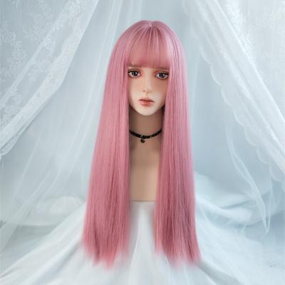 China Super Wave Cosplay Wig With Bangs Straight Synthetic Hair 24 Inch Long Heat Resistant Pink Wigs For Women for sale