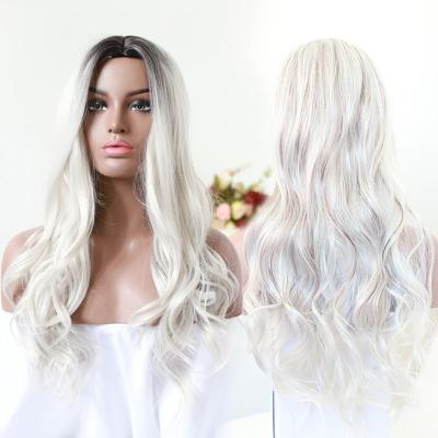 China Super Long Wave Natural Black Wavy Synthetic Wig With Bangs For Women Body Wave White Wigs Daily Cosplay Hair Heat Resistant for sale