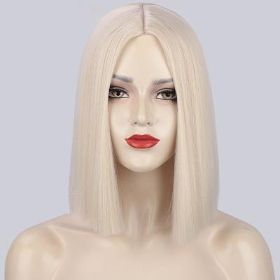 China Synthetic Super Wigs Short Blonde Wave Wig For Women Pink Brown Orange Blue Black Daily Use Hair Part Middle Hairline for sale