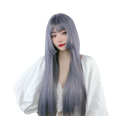 China Super Long Wave Natural Wavy Gradient Gray Wigs With Bangs Part Lolita Synthetic Cosplay Wigs For Women Heat Resistant Fiber for sale