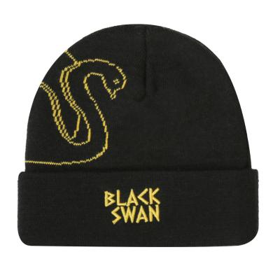 中国 black color custom jacquard knit beanie yellow logo fisherman beanie embroidery ribbed knit beanie 販売のため