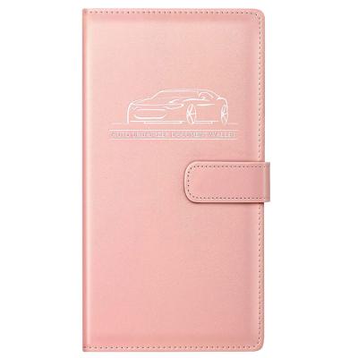 China Waterproof Fancy Pink Magnetic Card Wallet Recording Design Closure Car Leather Document Holder for sale