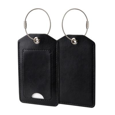 China Customized Leather Private Logo Black PU Suitcase Luggage Tags Stainless Steel Wire Loop For Bags for sale