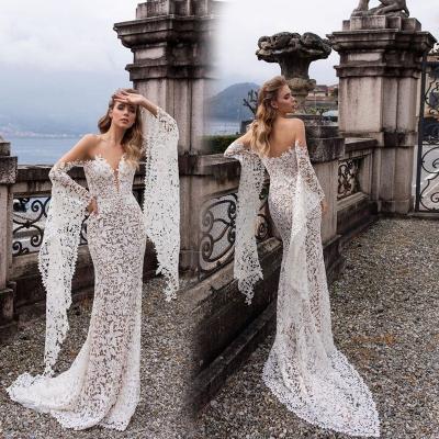 China TL0122 Anti-Static Women's V-Neck Off-Shoulder Hollow Flare Long Sleeve Swing Wedding Dress Long for sale