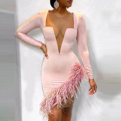 China Breathable TL4081 Pink feather mesh cut out bandage Long Sleeve holiday bandage dress for sale