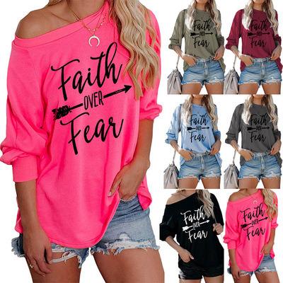 China TL4097 Fashionable Breathable Summer Casual Letter Printed Faith Long Sleeve Off Shoulder T Shirts Women Tops Fashionable for sale