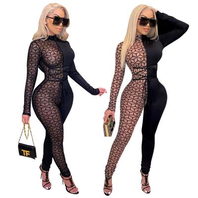 China TL0148 2021 New Arrivals Women Sexy Clothing Tulle Patchwork Bandage Bodycon Long Sleeve One Piece Overalls And Rompers for sale