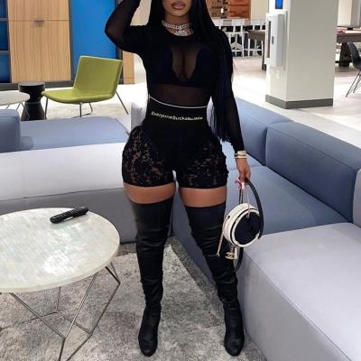 China TL0882 Breathable Night Club Lady Lace High Waisted Zipper Shorts Black See Through Patchwork Short Pants for sale