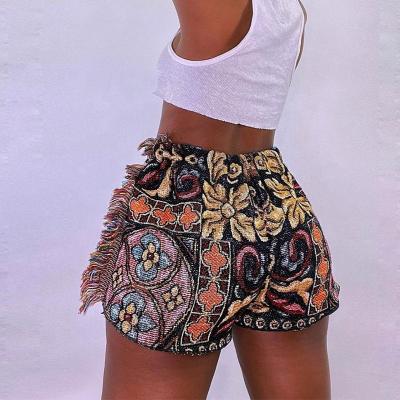 China TL0713 Breathable Vintage Print Shorts Women Summer Indie Folk Style Unique Side Tassel Patchwork Pants Hot Hipster Female Clothing for sale