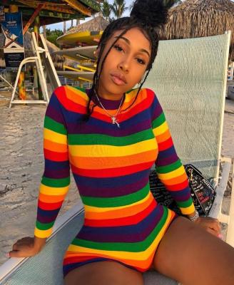 China TL4002 Breathable Striped Sexy Rainbow Print Ladies Bodycon Short Long Sleeve Overalls For Women for sale