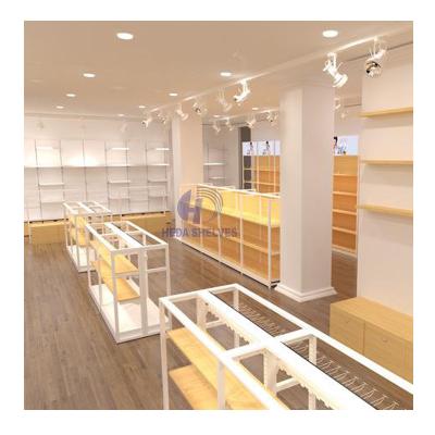 China MINISO Supermarket Equipment MDF Display Racks Double Sided Wooden Steel Shelves for sale