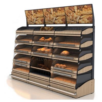 China Concise Double Sided Bakery Store Multi-Layer Movable Wooden Floor Bread Display Stand for sale