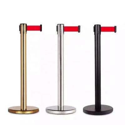 China Ensure Security Black / Gold Retractable Belt Barrier Posts Crowd Control Barrier Boards Rack for sale