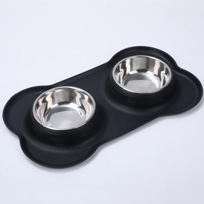 China High Quality Silicone Dog Bowl Pets Stainless Steel Viable Bone Shaped Cat Double Bowls With Stand for sale