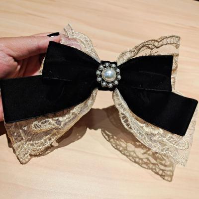 China European and American Style Fashion Contracted Clip Korean Version Of high-End Boutique Lace Bow Hairpin Retro Pearl Double Layer Cloth Art Top Clip for sale