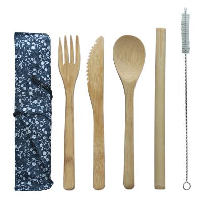 China Eco Sustainable Wholesale Wooden Flatware Travel Reusable Bamboo Cutlery Set With Bag for sale