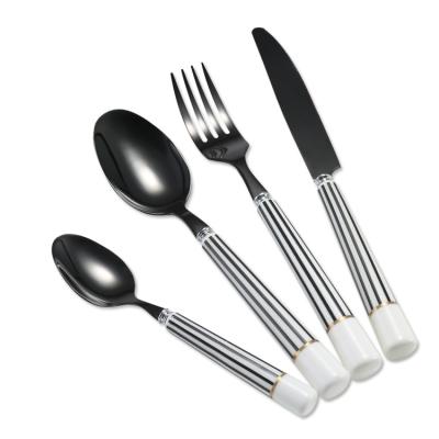 China Durable Cathylin Porcelain Handle Black And White Striped Flatware 18/10 Stainless Steel Covered Sets With Ceramic Handle for sale