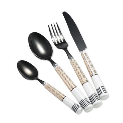 China Cathylin Sustainable Good Quality Restaurant Hotel Dinner Fork Knife Spoon Black And Gold Cutlery Set With Ceramic Handle for sale