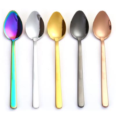 China Viable Colorful Colorful Pink Gold Sliver Serrated Stainless Steel Grapefruit Spoon Kiwifruit Spoon Spork for sale