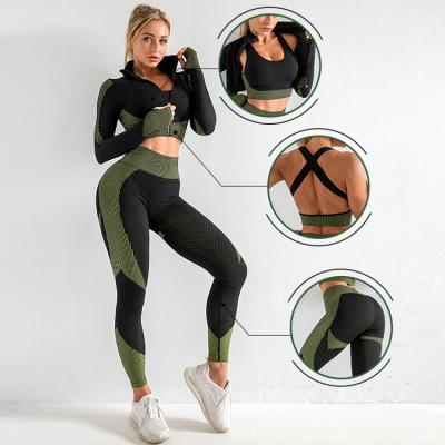 China Breathable Wholesale Yoga Wear Set Fitness Apparel 3 Pieces Workout Set Women Active Tracksuit Hoodie Long Sleeve Wear for sale