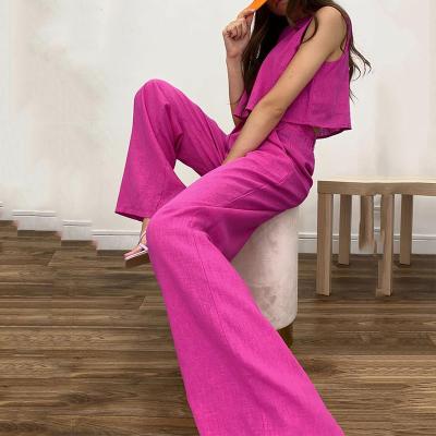 China Newest design solid color anti-pilling outfits women summer stylish 2 pieces flare sleeveless pants crop top wide leg pants for sale