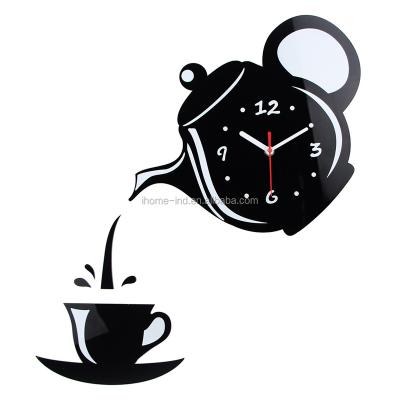 China Home Decoration Art Design Modern Mirror Effect Coffee Wall Clocks Sticker Teapot Cup Shape Living Room Cheap Acrylic Quartz Smooth for sale