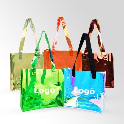 China Fashoion customized custom holographic transparent colorful PVC tote bag shopping bag with custom logo for sale