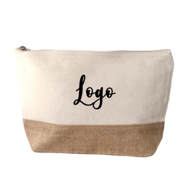 China Custom Eco-Friendly Zipper Hemp Logo Wholesale Canvas+ Cosmetic Bag Burlap Make Up Bag for sale