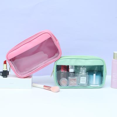 China 2021 new design candy color makeup bag transparent PU leather bag women cosmetic bag wash travel bag for sale