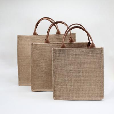 China Eco Friendly Custom Logo Jute Shopping Bags Eco - Friendly With PU Handles for sale