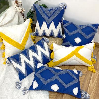 China Custom Anti-bacteria Cotton Indian Embroidery Embellished Moroccan Geometric Cushion Pillow Cover American Tassel Lace Pillow Cover for sale