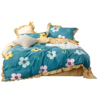 China Cooling 4 Piece Princess Lace Up Lace Skirt Washed Comforter Cover Sheet Girl Bedding for sale