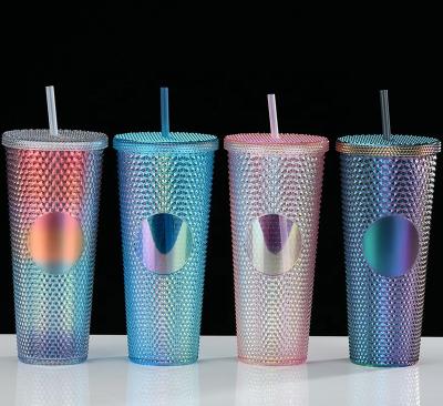 China Viable Best Selling Gift Stud Tumbler Cups Plastic Colorful Promotional Stud Tumblers With Straw And Lid for sale