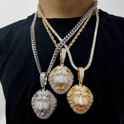 China Hiphop New Hip Hop Full Diamond Lion Head Pendant Brass Necklace Inlaid Zircon Hip Hop Personality Trend Men's Necklace Jewelry for sale