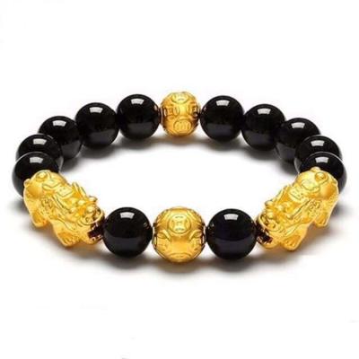 China CLASSIC Obsidian Bead Pixiu Stone Bracelet Bring Wealth Gold Pixiu Men Feng Shui Chinese Beast Wristband Good Luck Bracelet for sale