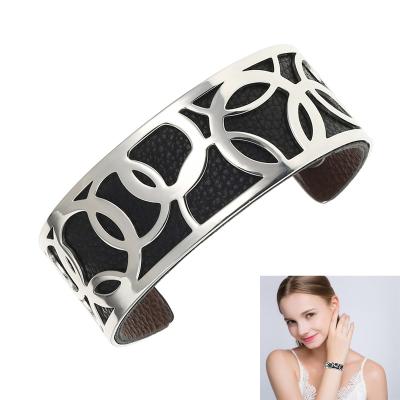 China Designer FASHIONABLE Style Cuff Bangle DIY Stainless Steel Gold Cuff Interchangeable Wide Leather Silver Bracelet for sale