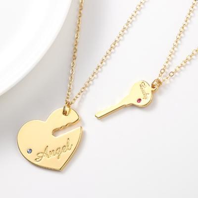 China Custom Romantic Stainless Steel Rose Gold Plated Heart Key Name Necklace For Lover Couples for sale